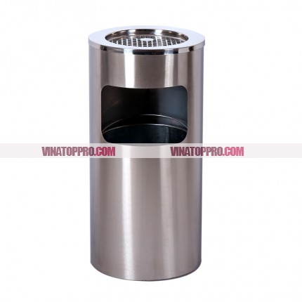 Thùng rác inox tròn có gạt tàn màu trắng
